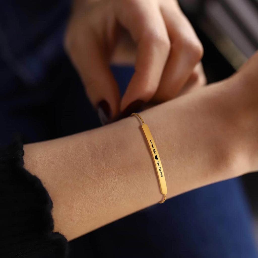 Bracciale a barra inciso personalizzato, Targhetta con nome e coordinate personalizzate, Catena regolabile Gioielli in acciaio inossidabile