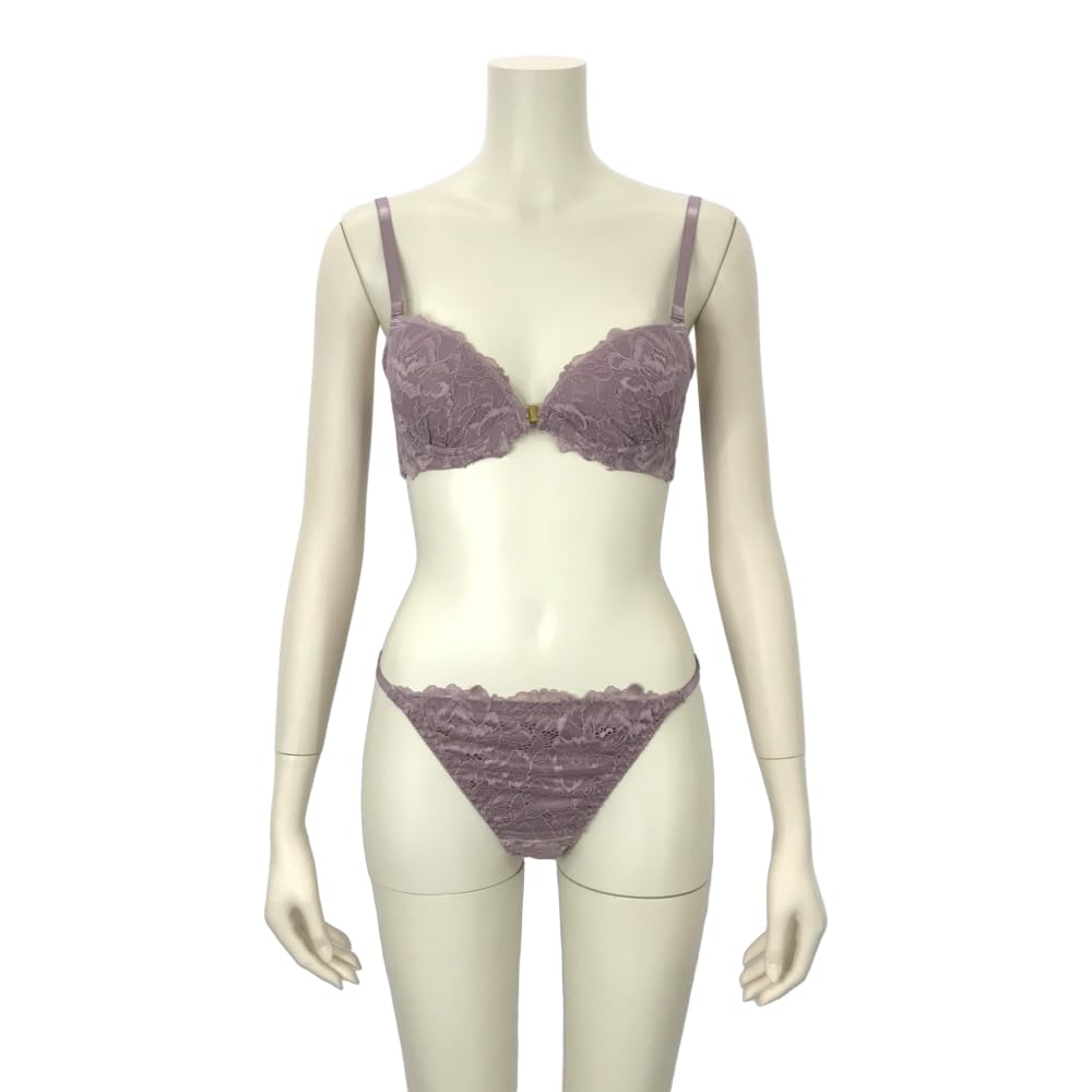 RAVIR Bra and Panty Front Rose Pale C75 Women's Set, Hook, Lace, Lilac, (Panties L)