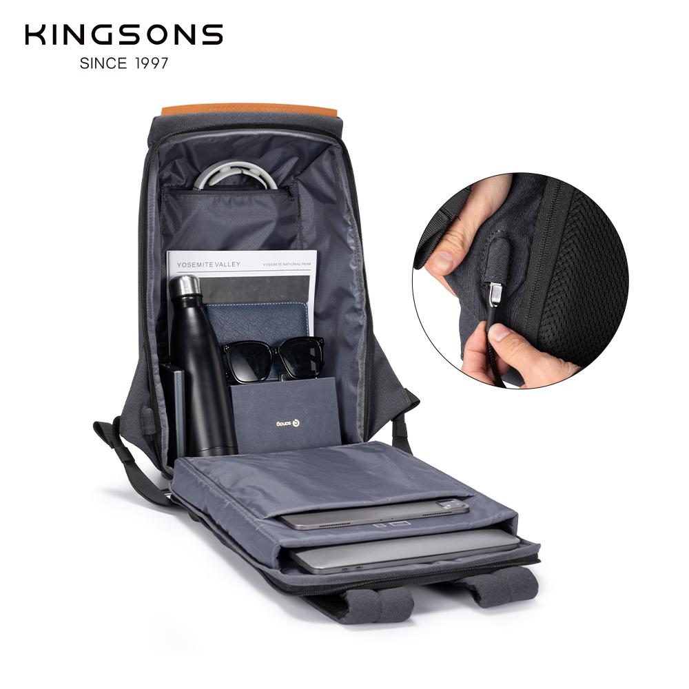 Kingsons Anti-Theft Men's Backpack 180 Degree Open USB Charging 15.6 Inch Laptop School Bag for Teenage Boys