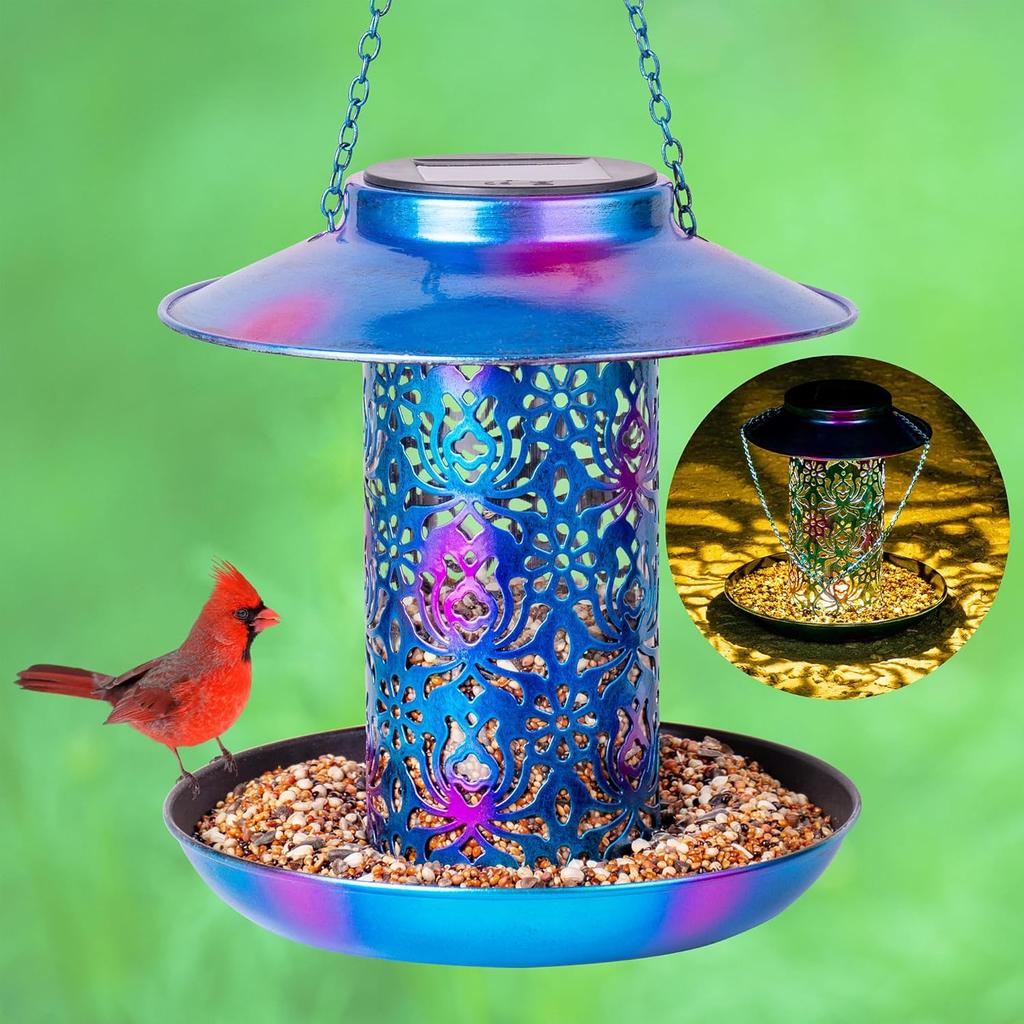 Ottsuls Solar Bird Feeder for Outdoors Hanging, Metal Wild Cardinals Garden Lantern with S Hook, Weatherproof and Water Resistant Birdfeeders as Gift