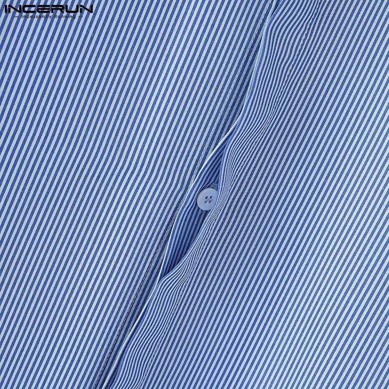 INCERUN Men Lapel Neck Short Sleeve Striped Casual Loose Irregular Cropped Shirts