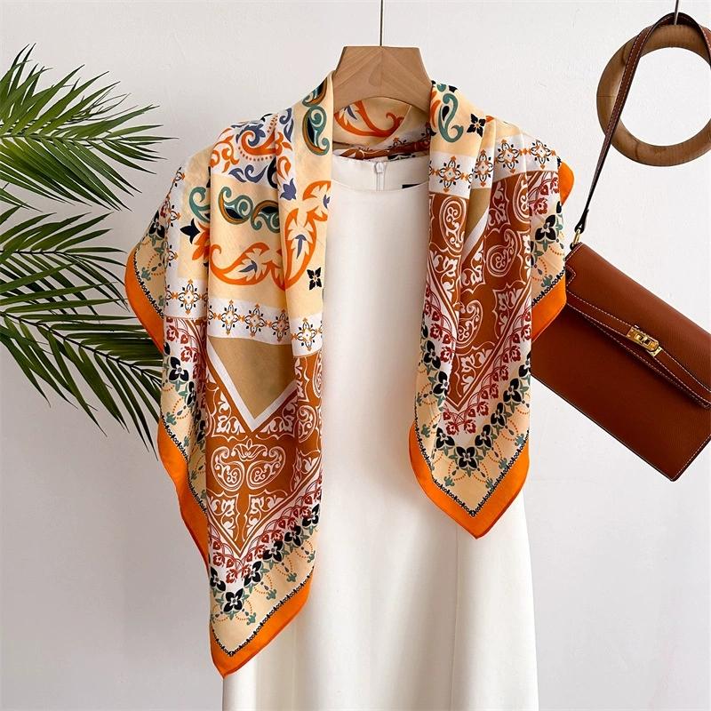 90x90cm Vintage Blue Handkerchief Scarf For Women Small Shawl Imitation Silk Office Lady Square Scarves