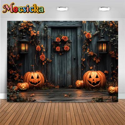 Mocsicka Halloween Hintergrund Fotografie Rose Grau Holzhaus Tür Dekoration Herbst Kürbis Party Foto Hintergrund Studio Banner