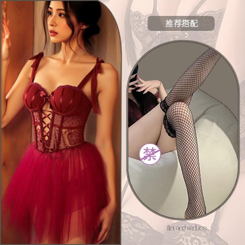 Sexy lingerie slim mesh perspective plus chest pad steel ring gathering women's suspender sex nightdress set