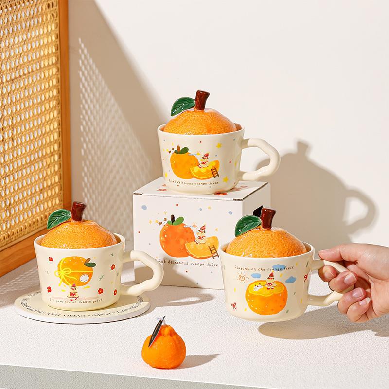 Orange Vattenkopp Kontor Födelsedagspresent Keramisk Kopp Mugg Mugg med Lock Souvenir Söt Kopp Hushåll Dricksvatten