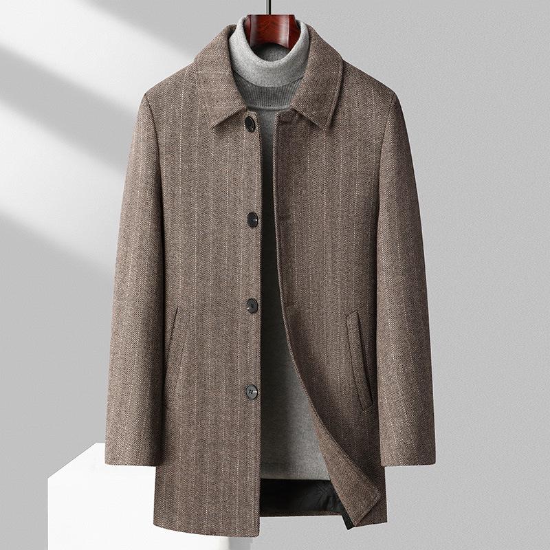 Men's Thickened Woolen Coat with Cotton Padding, Classic Striped Outerwear for Middle-Aged & Elderly, Dad's Style for Autumn/Winter.