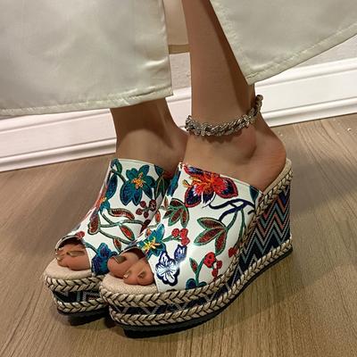 Sandales d'été pour femmes grandes tailles à talon compensé haut, bout ouvert, style bohème