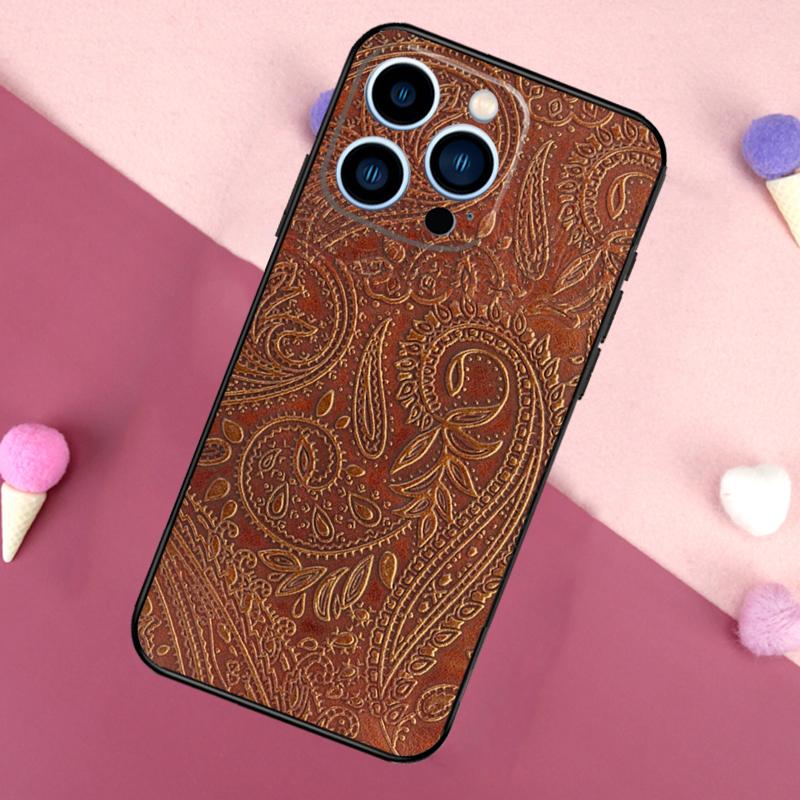 Brown Tooled Leather Pattern Case For iPhone 16e 16 15 Pro Max 11 12 13 Mini 14 15 Pro Max 15 Plus XR Phone Back Cover