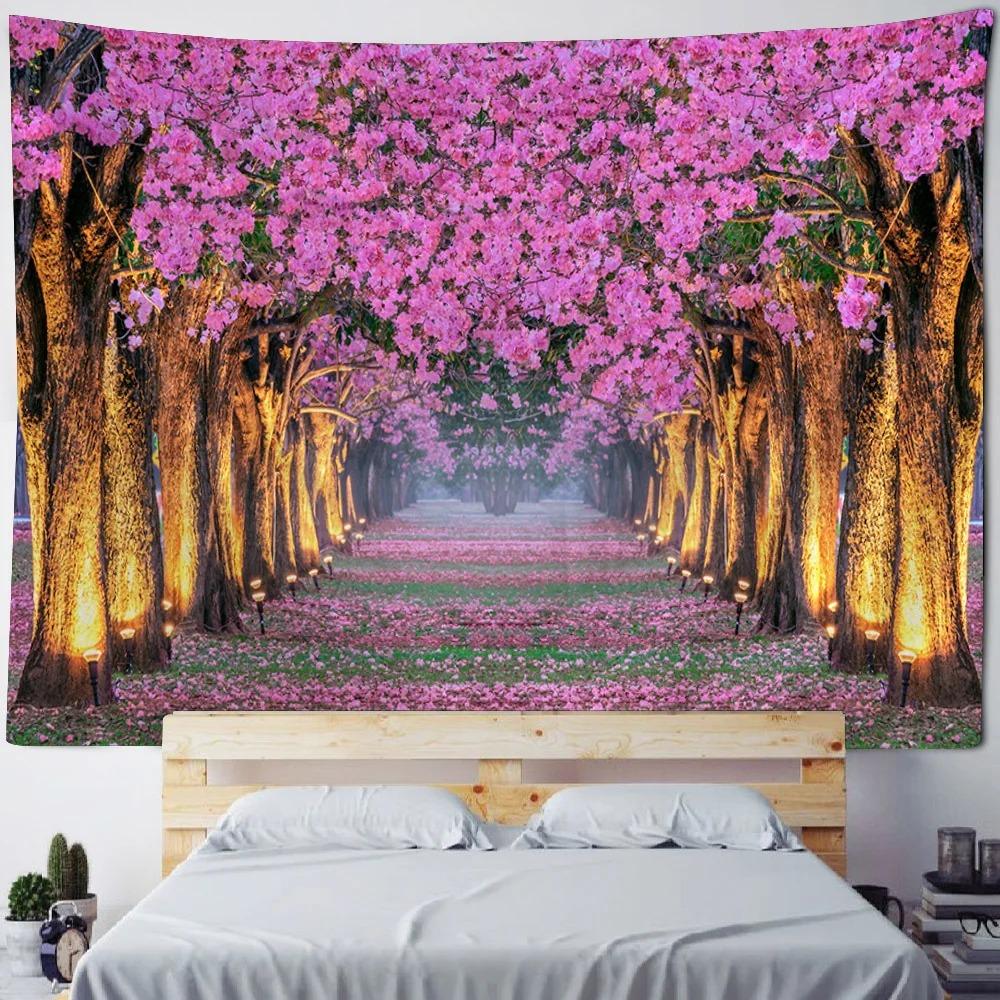 Pink Cherry Blossom Forest Pattern Tapestry Home Wall Decoration Tapestry Bedroom Living Room Tapestry