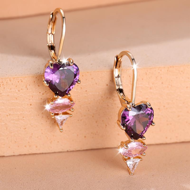 Módní fialové náušnice se zirkonovým srdcem pro ženy s kroužkem Visací náušnice ve zlaté barvě Dárek na svatební párty