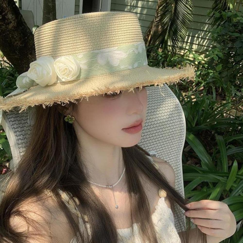 Wide Brim Lace Floral Brim Cap Flat Top Women's Sun Hat Sunshade Sunscreen Hat Vacation