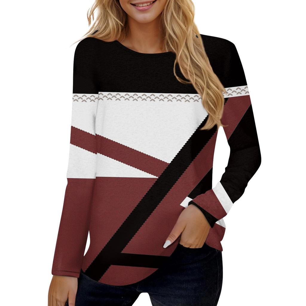 Women's Fashionable Casual Long Sleeved Printed Round Neck T-shirt Top