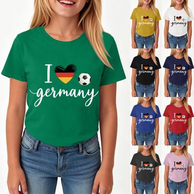 Girls Casual Short Sleeve Crew Neck T Shirt with Small Graphic Print for 2026 World Cup Germany Inspired Design