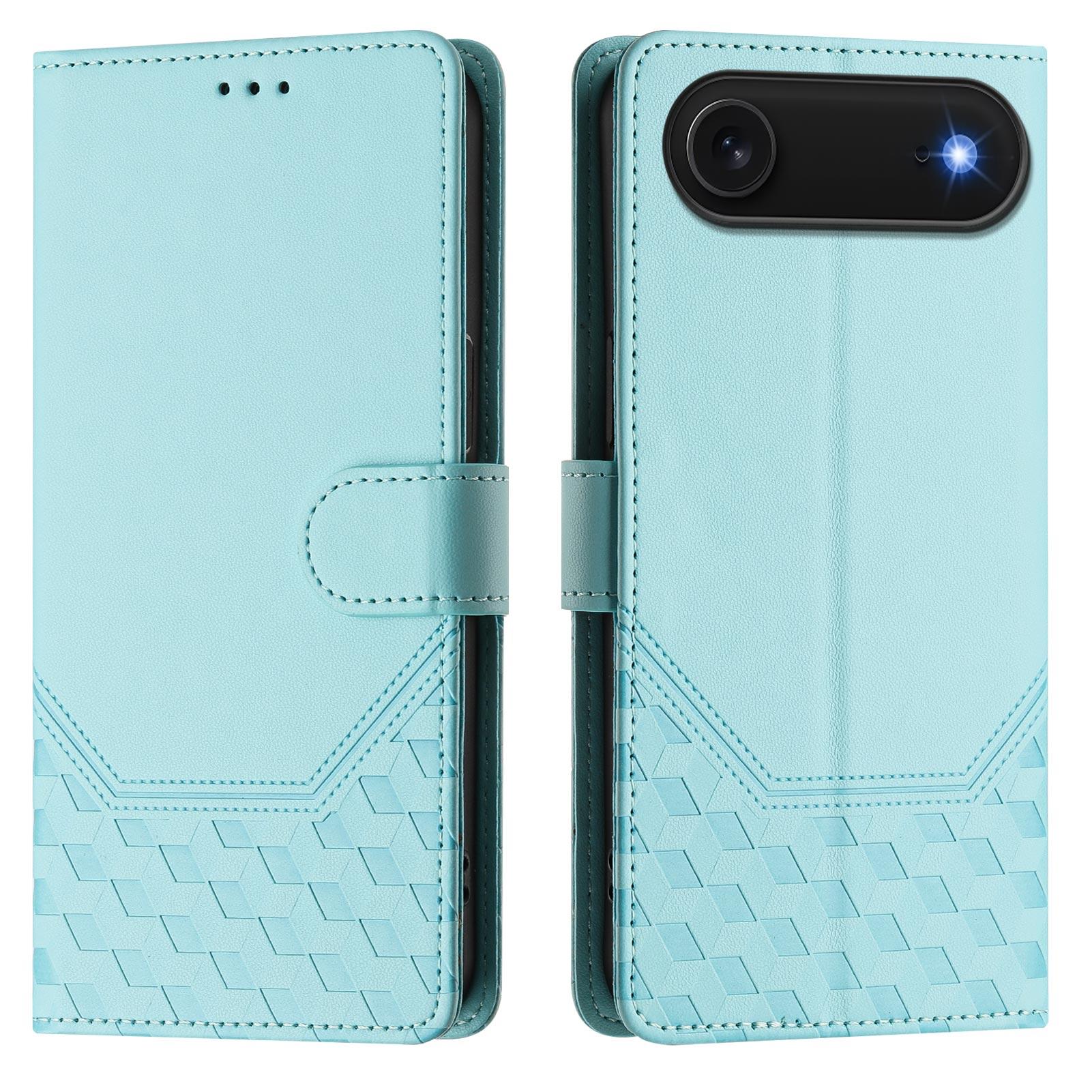 

For iPhone 17 Air Case Imprinted Honeycomb RFID Blocking Leather Phone Cover with Strap Mint Green