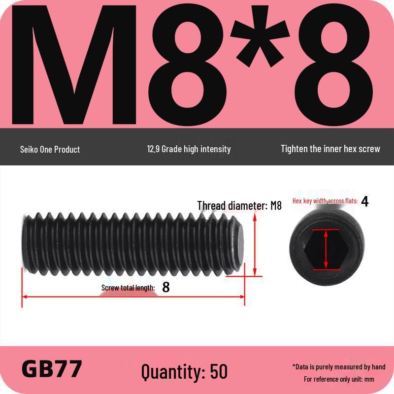 Class 12.9 Inner Hex Flat Head Headless Grub Screw M3-M12