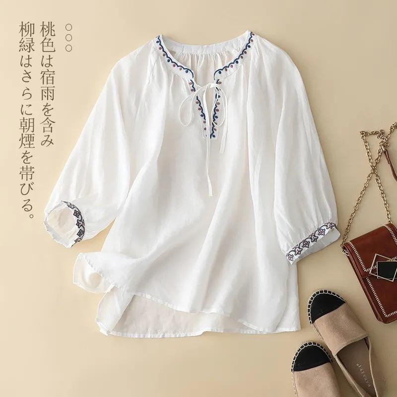 

Classical cotton and linen embroidered V-neck lace-up seven-quarter sleeve T-shirt women s T-shirt loose summer new women s top M білий