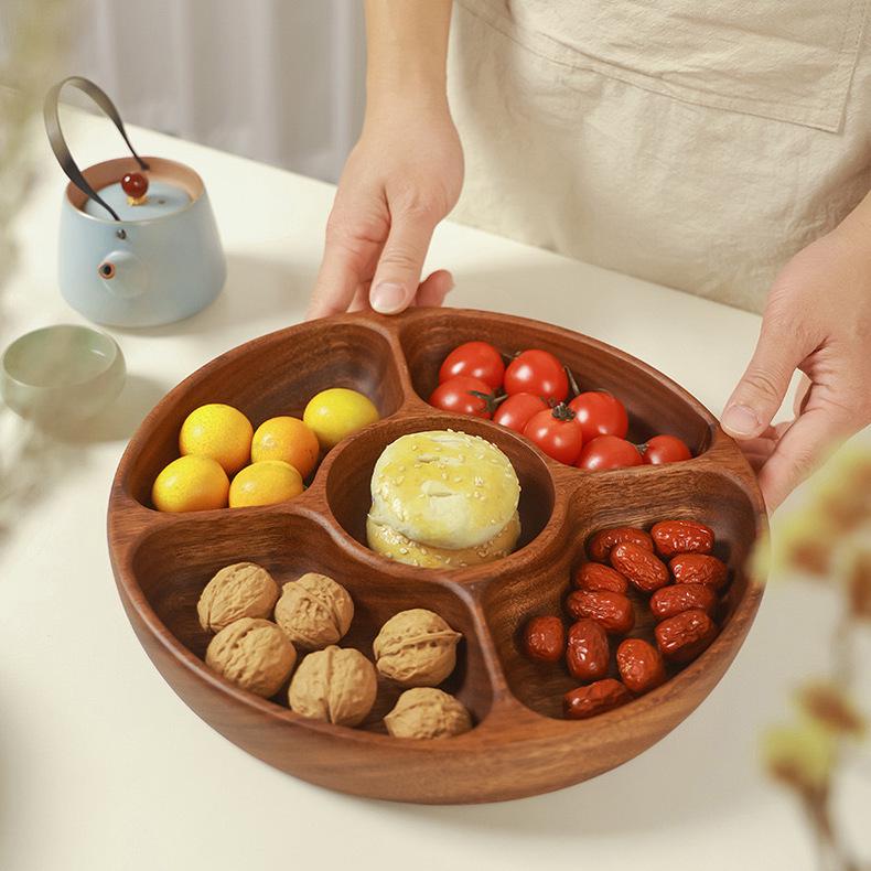 Set di Piatto Snack e Piatto da Contorno in Legno di Acacia: Piatti Divisi per Frutta, Dessert, Insalata e Bambini