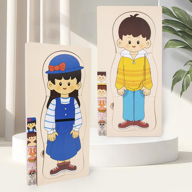 Montessori-Holzpuzzle mit mehreren Schichten: Menschlicher Körperbau – Lernspiel für Jungen und Mädchen – Frühpädagogisches Spielzeug für Kinder