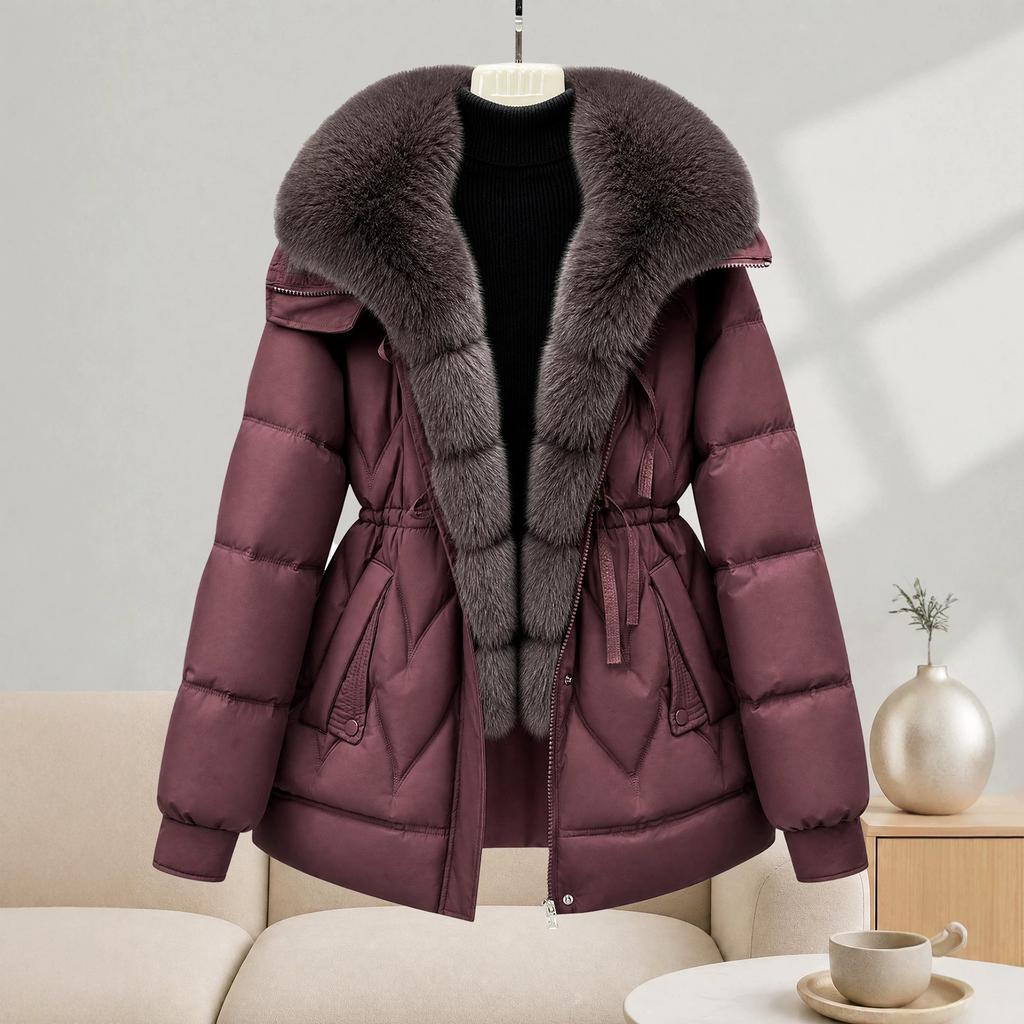 Korean light luxury big fur collar waist down cotton clothes women's burgundy thickened warm hooded mother jacket factory