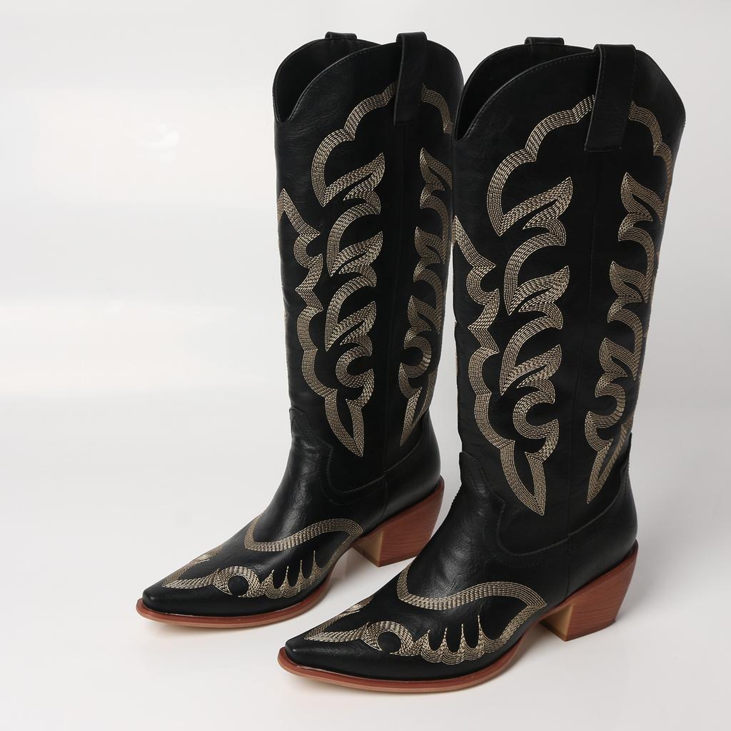 FOREADA Women Knee High Cowgirl Long Boots Pointed Toe Chunky High Heels Embroidery Wester Gogo Boots Ladies Fashion Shoes Winter 43
