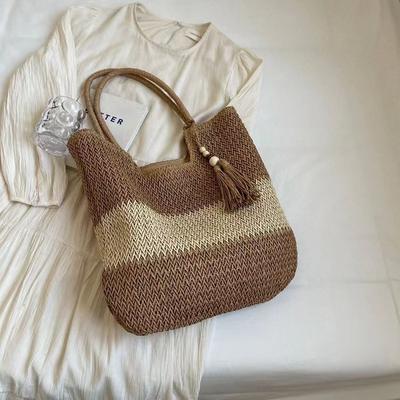 New Chinese-style Women's Large-capacity Two-color Fringed Shoulder Woven Bag Travel Vacation Papyrus Beach Bag
