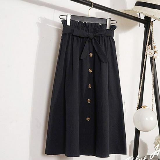Literary High-Waist Buttoned A-Line Midi Skirt
