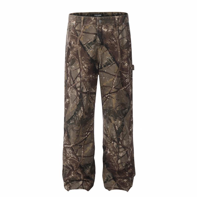 Unisex Retro Camouflage Distressed Work Pants - Straight Leg, Loose-Fit Outdoor Casual Wear