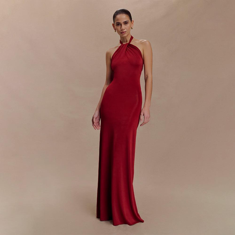 Abito Maxi da Donna con Scollo all'Americana Senza Maniche Bodycon Vita Alta Elegante Pieghettato Monocolore Formale Sirena