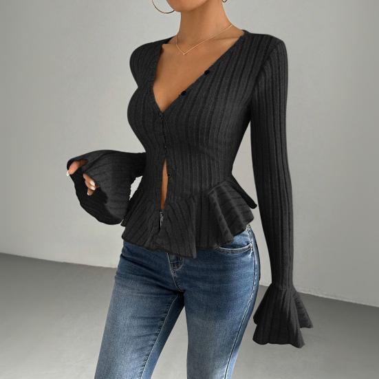 Women Tops Slim Fit V Neck Flared Long Sleeve Ruffle Detail Knitting Tops Solid Color Buttons Closure Winter Sweater