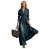 Spring New Retro Waist Slimming Long Sleeve Denim Swing Dress, Elegant Casual Party Denim Dress for Women