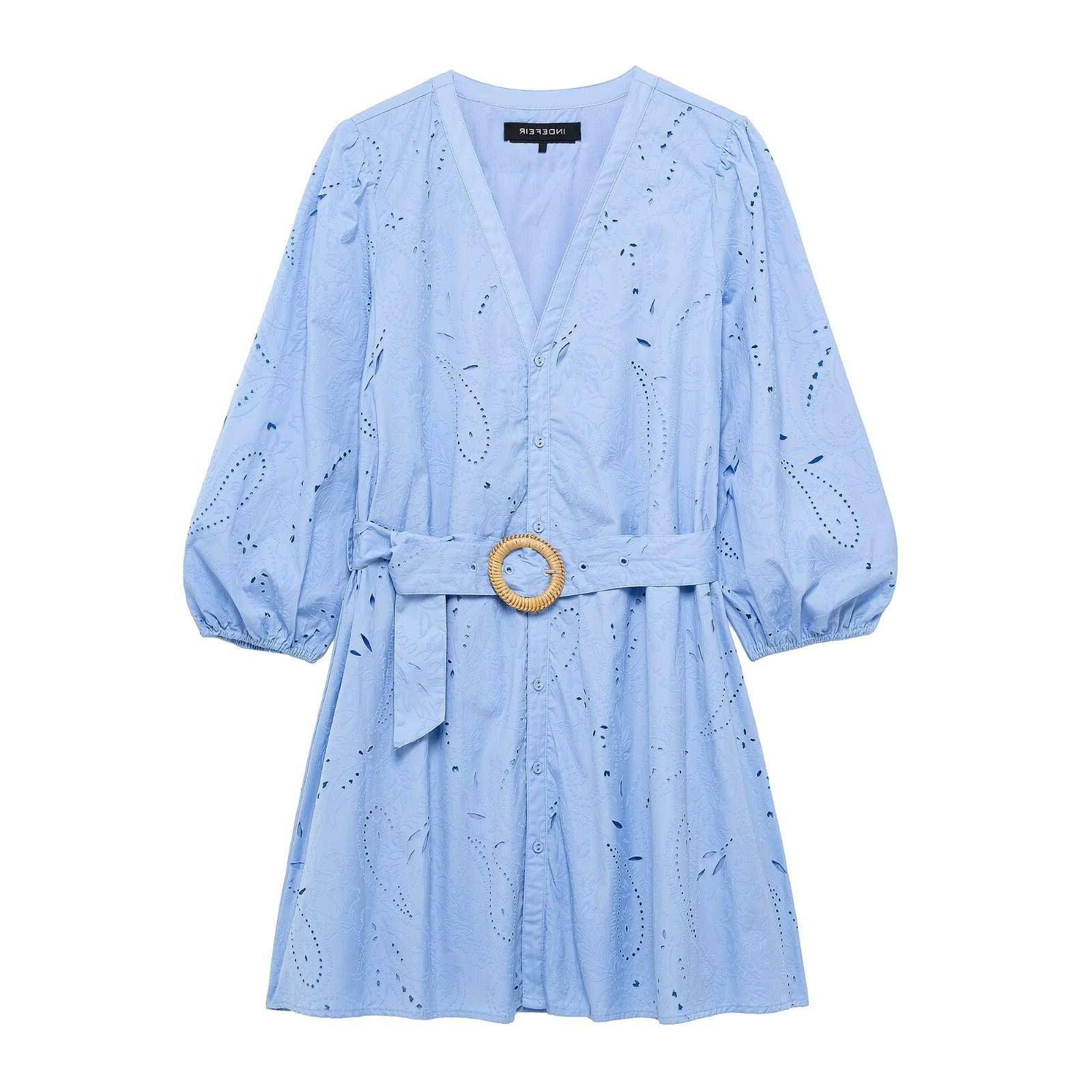 

TAOP&ZA Women s Spring/Summer V-Neck Embroidered Tie-Waist Dress 4387043 XS
