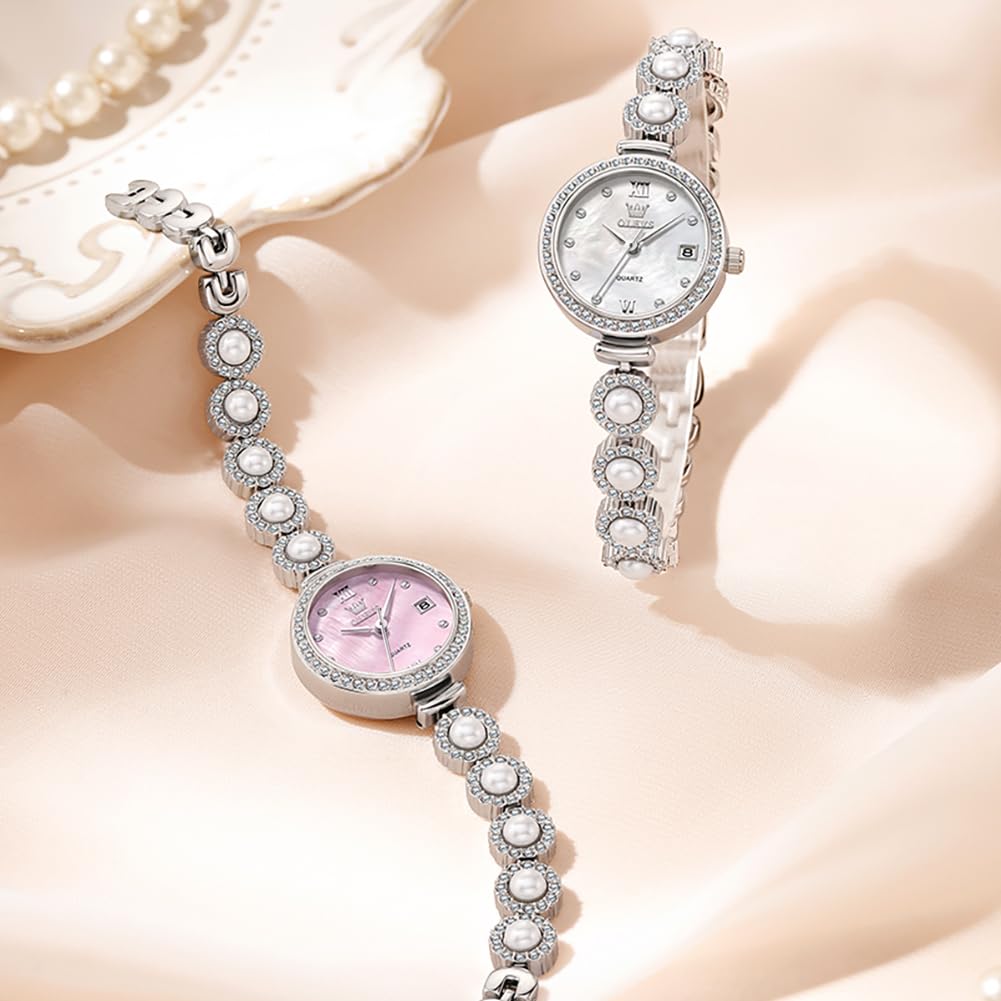 Olevs Waterproof Quartz Analog Watch with a Simple Silver Metal Band and Popular Pearl Small and a Sparkling White Pink Dial Women's Design, Bracelet,