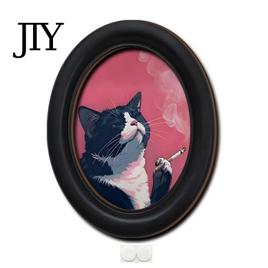 Modern Wood Wall Decoration Abstract Art Cat Decor, Oval 2D Framed Funny Painting Contemporary Birch Print, Vintage Ornament for Living Room