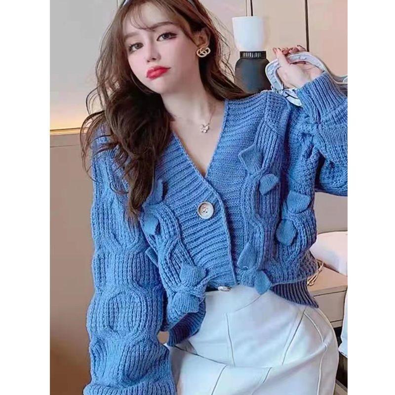 

Весенне-осенний вязаный кардиган в корейском стиле для женщин, короткий, с V-образным вырезом, милый свободный свитер, сладкое пальто с бантом 2XL синий