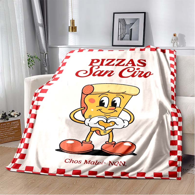 Vintage Cartoon Pizza Character Flannel Blanket Red Checkered Border Soft Fleece Throw For Food Lover Bedroom Sofa Home Decor