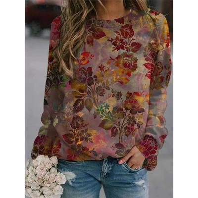 Damen Langarm Vintage Blumen 3D Druck T-Shirts Herbst Winter Workout Lässig Bequem Rundhals Locker Shirts Damen Kleidung