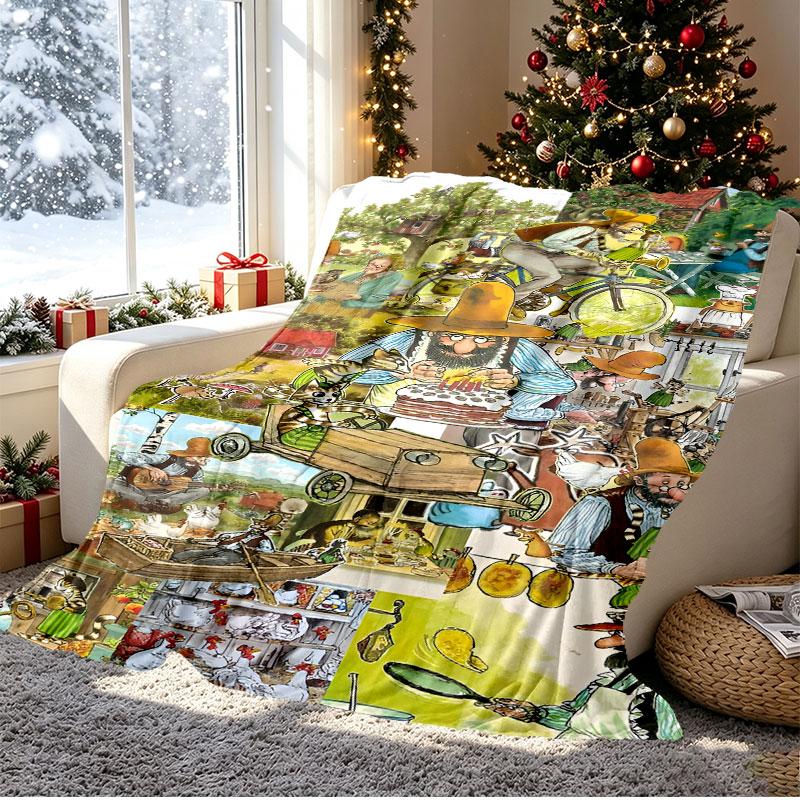 Pettersson und Findus Pattern Blanket for Home Decoration, Bed, Sofa, Car Travel, Camping, Suitable for All Seasons, Birthday Christmas Gift