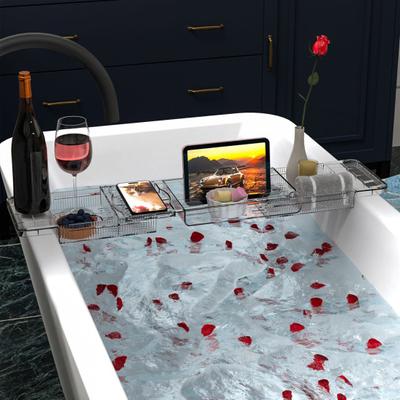 Ρυθμιζόμενος δίσκος Caddy μπανιέρας Πτυσσόμενος δίσκος μεγάλης χωρητικότητας Διαφανής αντιολισθητική μπανιέρα ράφι αποθήκευσης μπάνιου Πολυτελές τηλέφωνο σπα Tablet Wine Cup Organizer