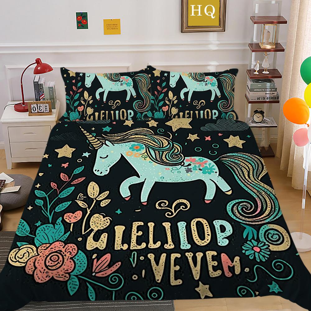 

Постельный комплект с 3D принтом единорога, двойной размер, мягкие полиэстеровые покрывала, детское домашнее постельное белье высокого ранга с героями мультфильмов EU Single 135x200cm