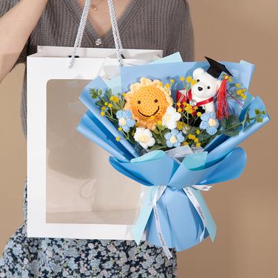 Háčkovaná kytice Doktor Medvěd Ručně pletená Slunečnice Kreativní Ručně pletená Květina k Promoci Dárek Kawaii Medvěd Kytice Dětské Dárky