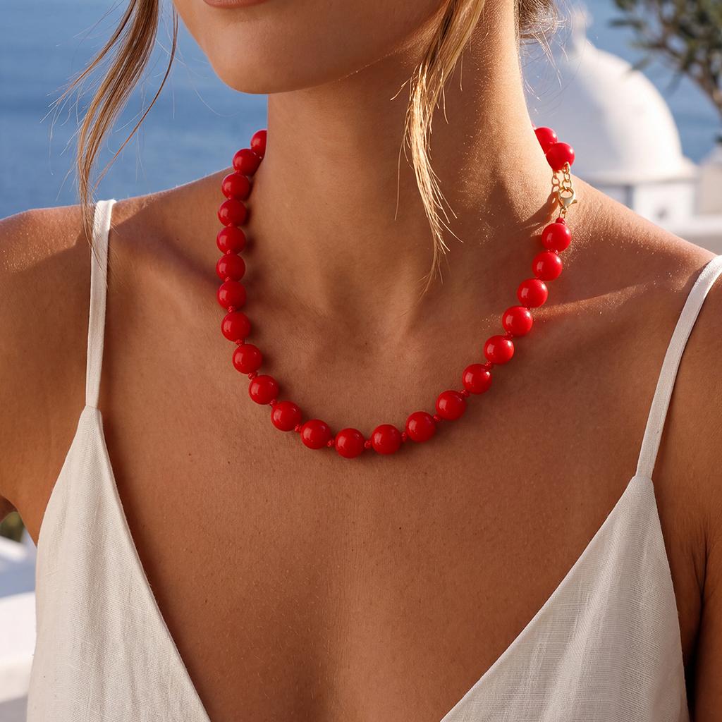 Personality Trend Multi-colored Acrylic Round Beads Chunky Short Choker Necklace for Women Statement Boho Beach Vacation Jewelry