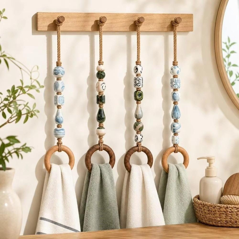 Wooden Ring Beaded Towel Hanger Loop Hanging Strap Towel Hanging Loop Cabinet Door Decor