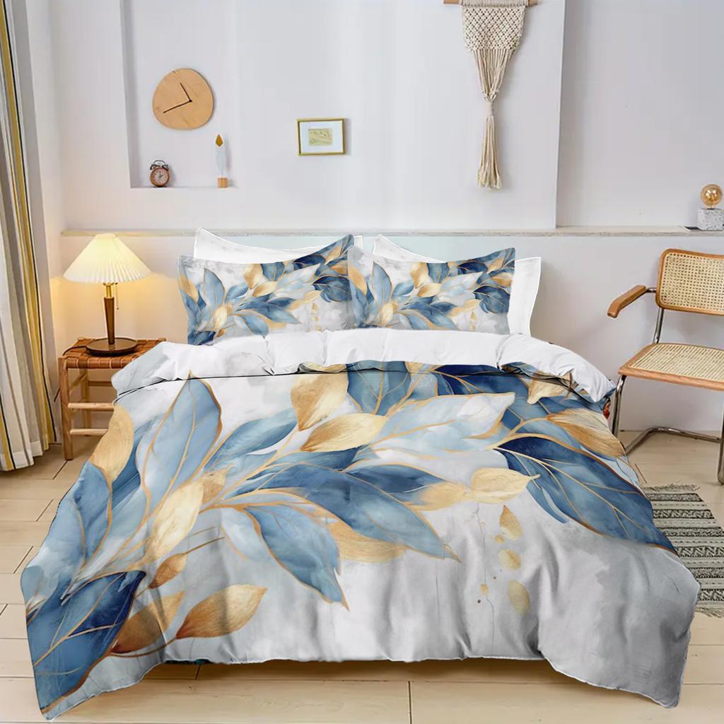 Blue And Gold Leaf Pattern 3D Printed Down Duvet Cover Bedding Set Soft And Comfortable Luxurious Duvet Cover Pillowcase