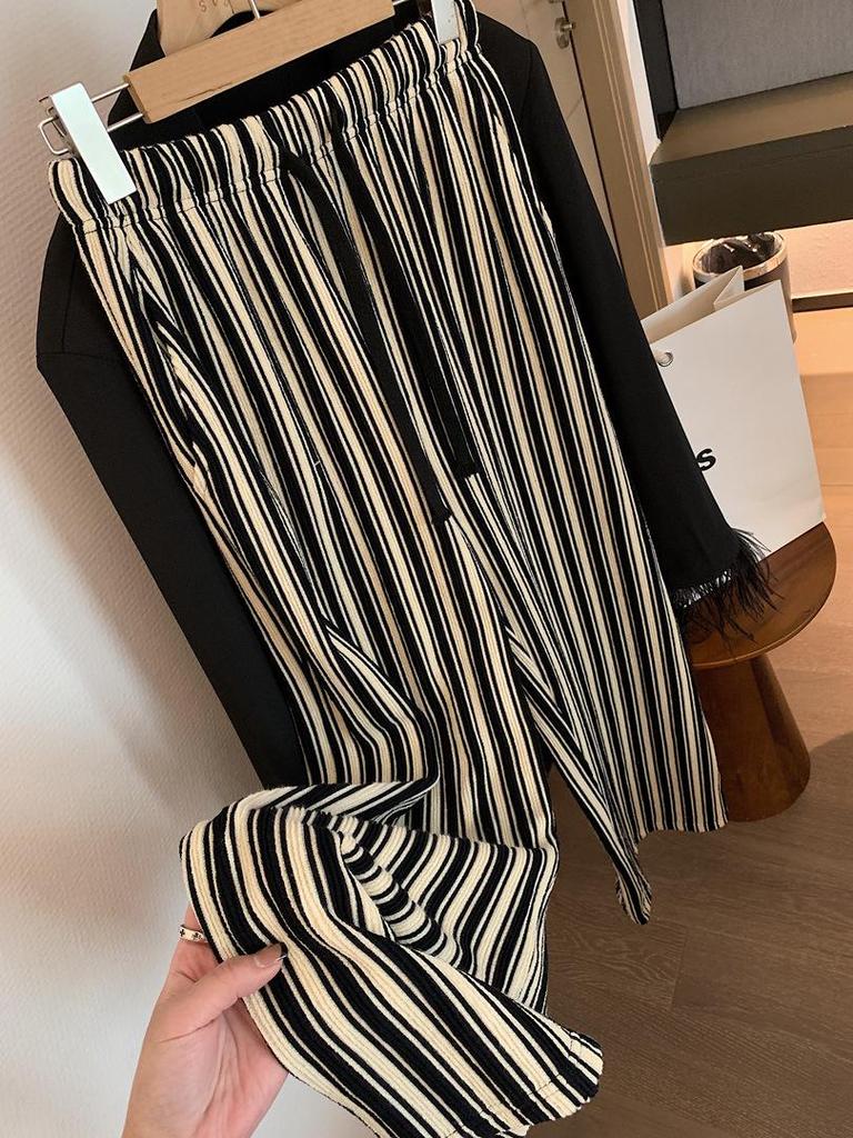 Plus Size Women's Vertical Stripe High Waist Slimming Casual Floor-Length Summer Pants