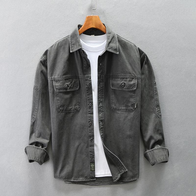 Men's Fall Multi Pocket Patchwork Vintage Cargo Shirt Solid Color Long Sleeve Loose Daily Tops Blouse