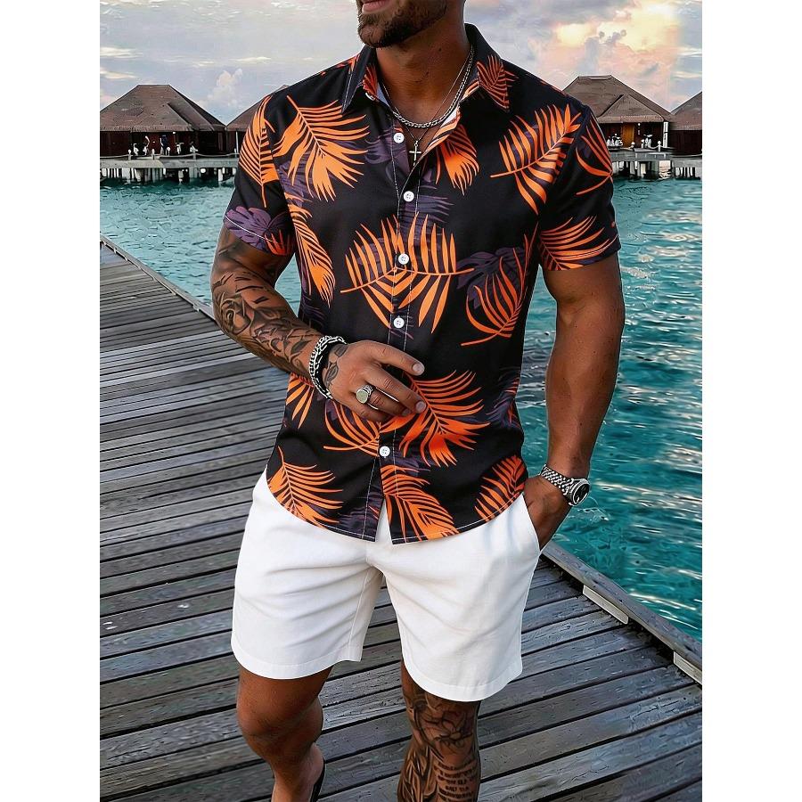 Men's Summer Tropical Flower Hawaiian Shirt, Palm Leaf Print Short-Sleeve Shirt and Shorts Set