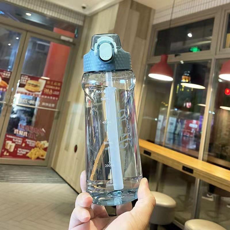 Water bottle with graduated water cup women portable plastic drop-proof fitness sports space cup bouncing straw cup leak-proof kettle men and women