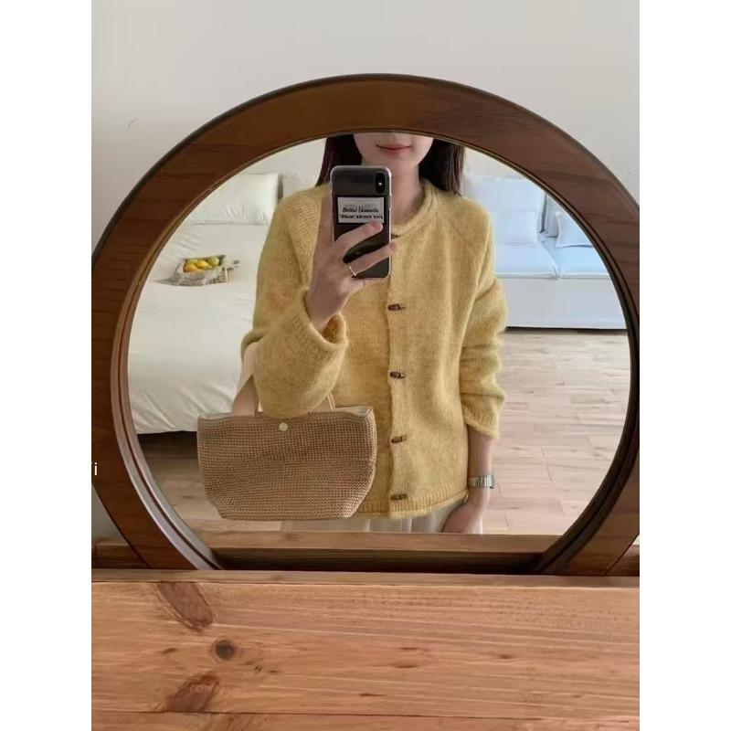 Retro spring new versatile fashion crew neck loose long-sleeved knitted sweater cardigan jacket