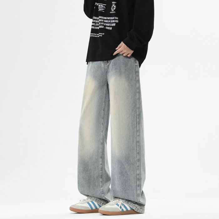 American High Street Trendy Brand Loose Straight Jeans Men's Four-season Trendy Versatile Wide-leg Drape Casual Trousers
