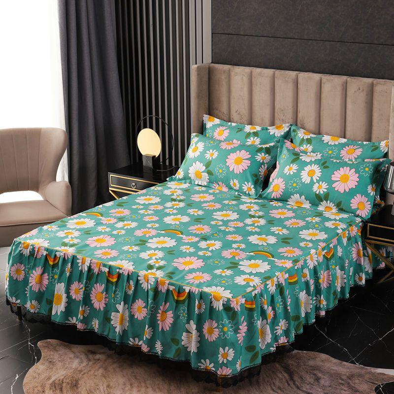 

Комплект постельного белья с цветочным принтом и оборками, комплект наволочек/комплект юбки, юбка-кровать * 1, наволочки * 2 (Размер: Твин/полный/королевский/король) 180*200